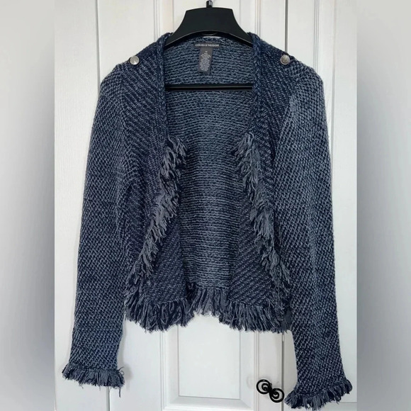 Chelsea & Theodore Womens Blue Fringe Trim Open Front Cardigan Sweater. - Picture 3 of 8